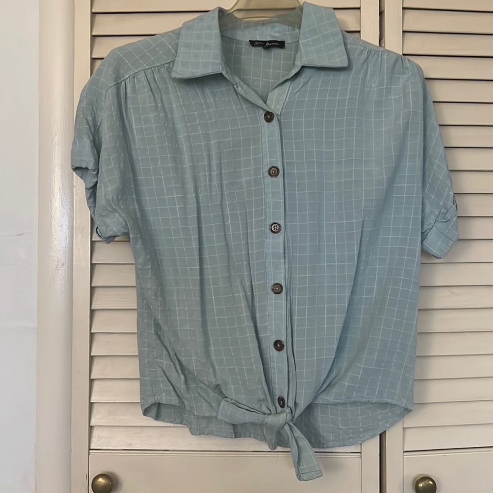 Love Maven, blue sage color, short sleeve blouse, medium